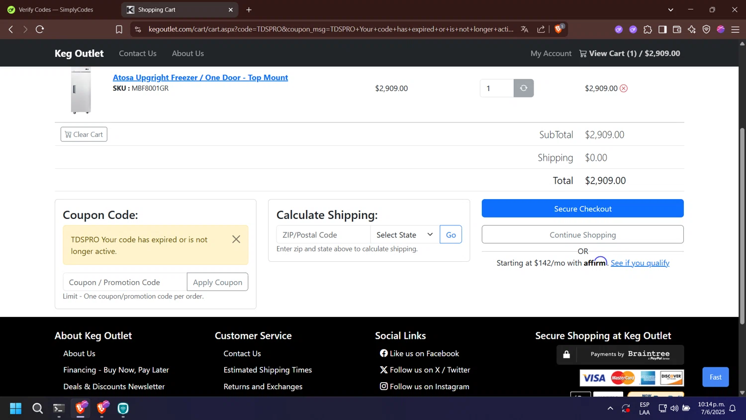 Keg Outlet coupon code screenshot showing code TDSPRO applied at Keg Outlet checkout page. Uploaded by SimplyCodes community member esperanza on Jun 8, 2025
