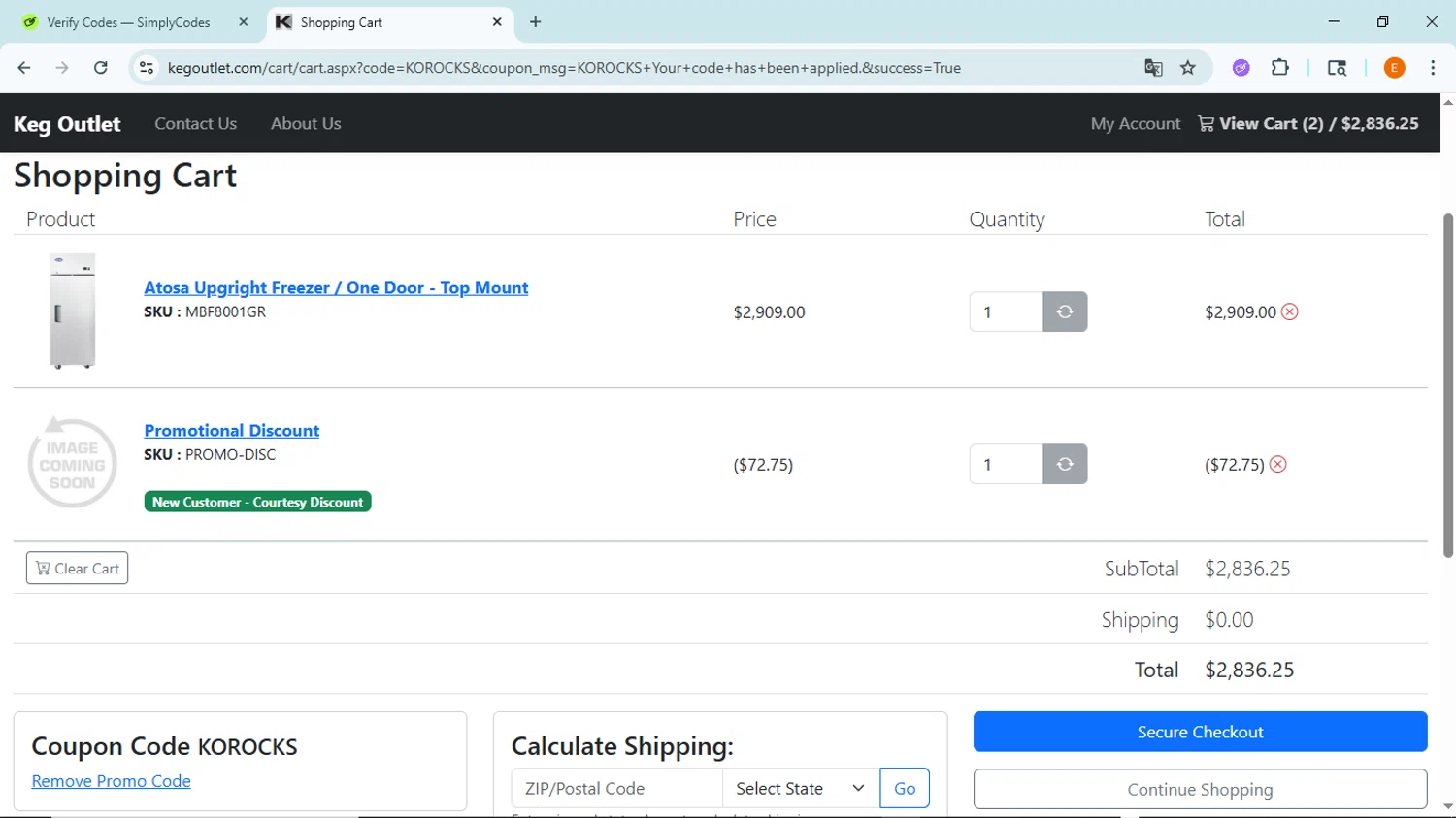 Keg Outlet coupon code screenshot showing code KOROCKS applied at Keg Outlet checkout page. Uploaded by SimplyCodes community member BudgetFox5491 on Jun 28, 2025