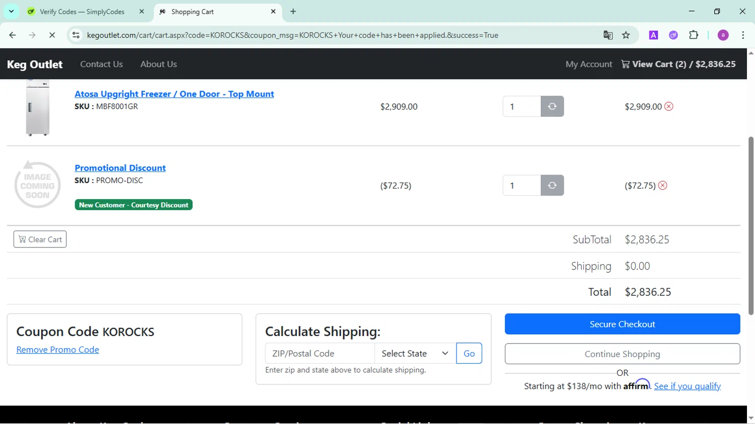 Keg Outlet checkout page showing Keg Outlet coupon code box | Screenshot taken by SimplyCodes community member on Jun 7, 2025