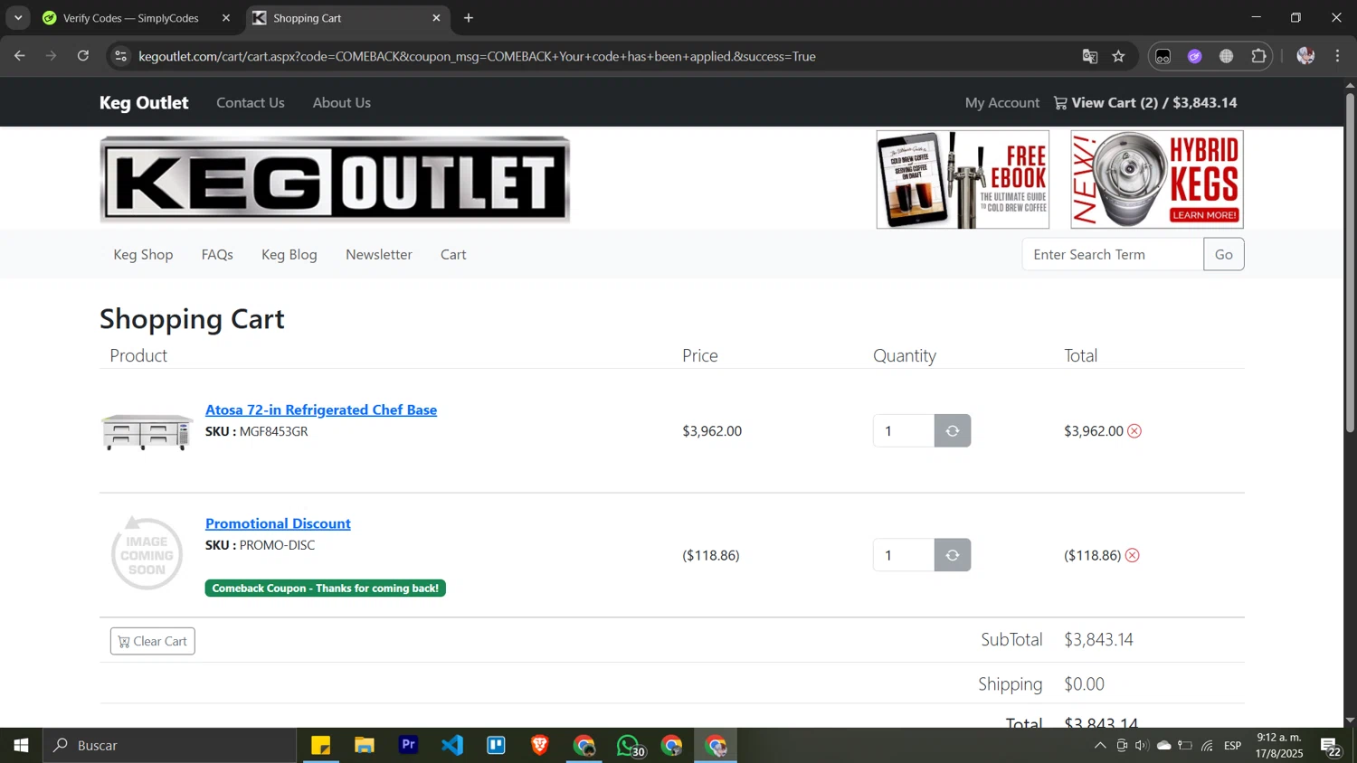 Keg Outlet coupon code screenshot showing code COMEBACK applied at Keg Outlet checkout page. Uploaded by SimplyCodes community member Pansito on Aug 17, 2025