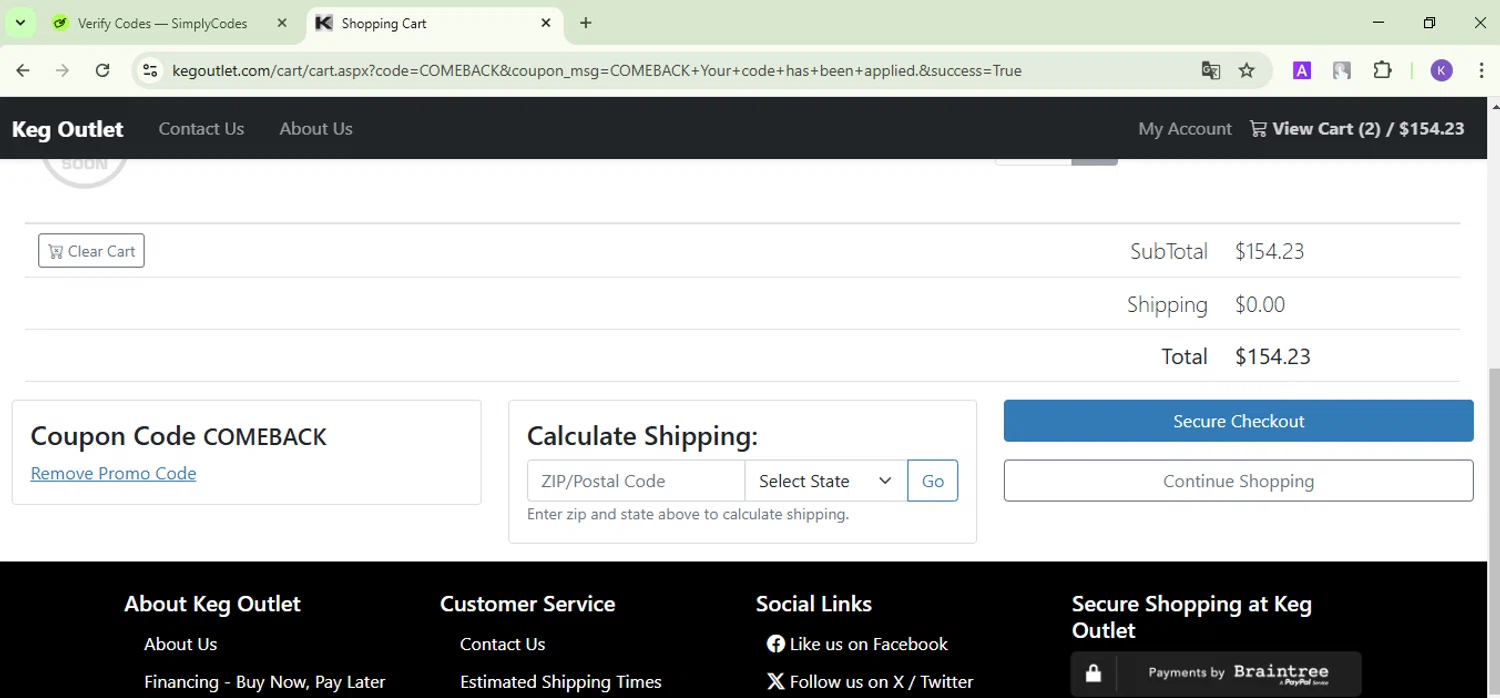 Keg Outlet coupon code screenshot showing code COMEBACK applied at Keg Outlet checkout page. Uploaded by SimplyCodes community member FortunateDefender3676 on Jan 29, 2025