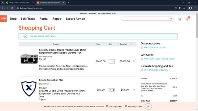 KEH Camera checkout page showing KEH Camera discount code box | Screenshot taken by SimplyCodes community member on Nov 17, 2024