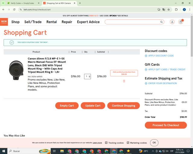 KEH Camera checkout page showing KEH Camera discount code box | Screenshot taken by SimplyCodes community member on Nov 27, 2024