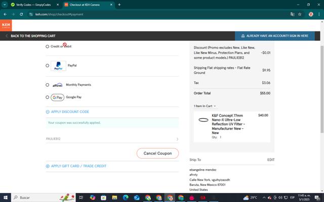 KEH Camera checkout page showing KEH Camera discount code box | Screenshot taken by SimplyCodes community member on Jan 5, 2025