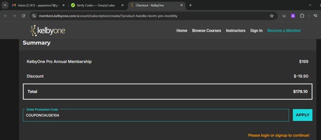KelbyOne checkout page showing KelbyOne promo code box | Screenshot taken by SimplyCodes community member on Aug 11, 2025