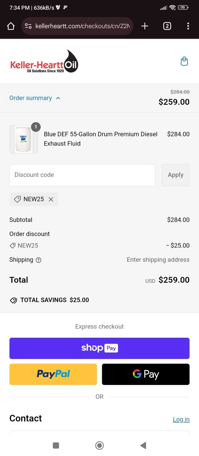 Keller-Heartt promo code screenshot showing code NEW25 applied at Keller-Heartt checkout page. Uploaded by SimplyCodes community member Chinito0209 on Feb 18, 2025