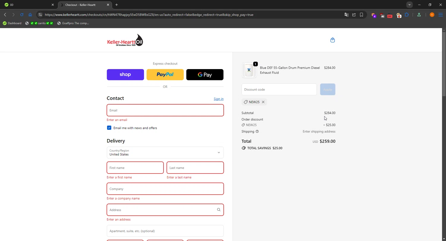 Keller-Heartt promo code screenshot showing code NEW25 applied at Keller-Heartt checkout page. Uploaded by SimplyCodes community member LOgoter on Oct 14, 2025
