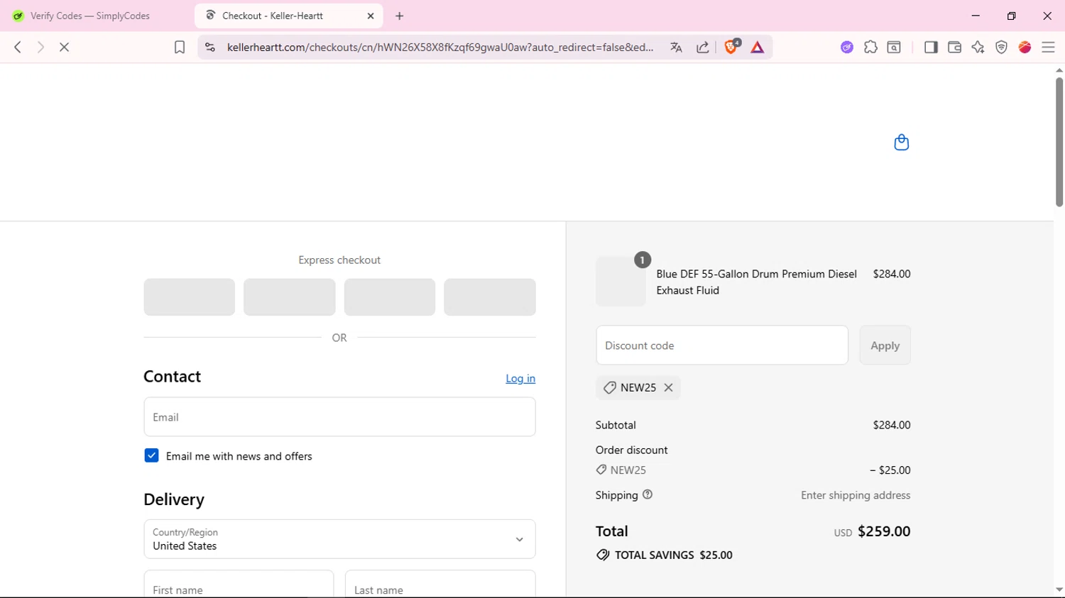 Keller-Heartt promo code screenshot showing code NEW25 applied at Keller-Heartt checkout page. Uploaded by SimplyCodes community member ValueFox5508 on Aug 22, 2025