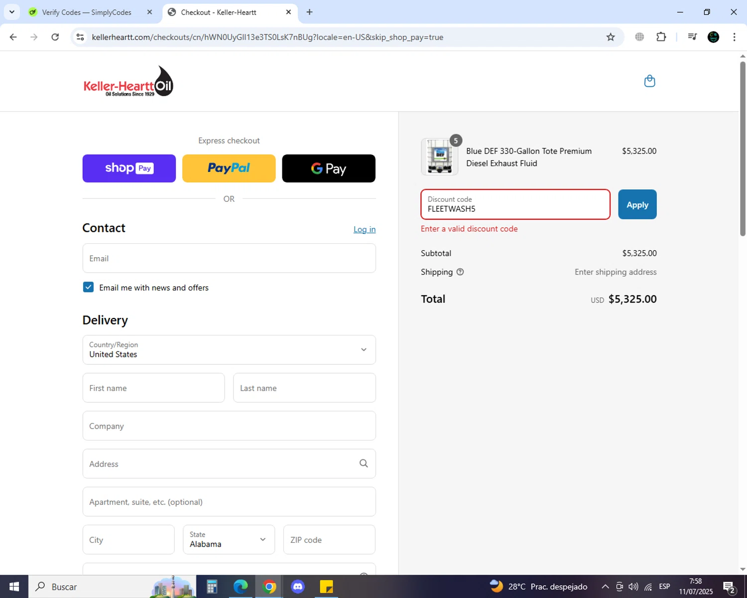 Keller-Heartt promo code screenshot showing code FLEETWASH5 applied at Keller-Heartt checkout page. Uploaded by SimplyCodes community member GoldSaver5472 on Jul 11, 2025