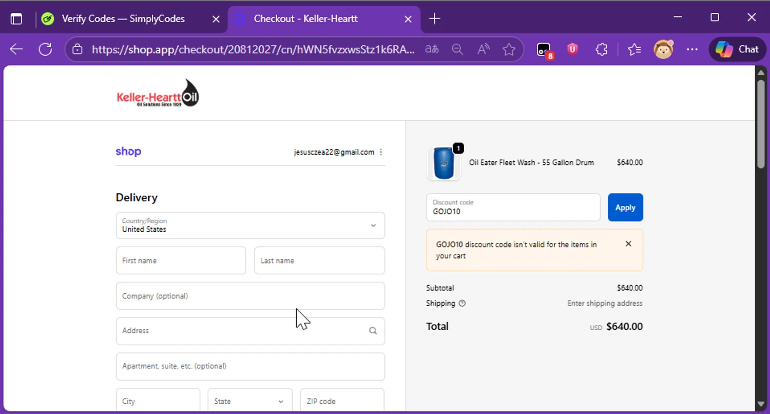 Keller-Heartt promo code screenshot showing code GOJO10 applied at Keller-Heartt checkout page. Uploaded by SimplyCodes community member Raibelys_18 on Nov 24, 2025