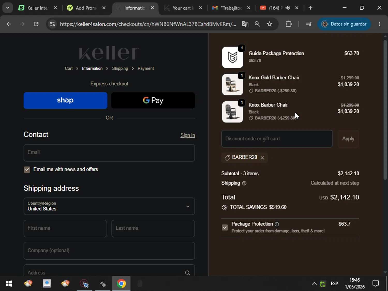 Keller International promo code screenshot showing code BARBER20 applied at Keller International checkout page. Uploaded by SimplyCodes community member MarcosAranguren on May 1, 2026