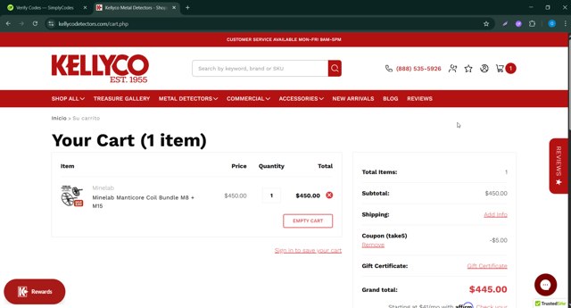 Kellyco Metal Detectors checkout page showing Kellyco Metal Detectors coupon code box | Screenshot taken by SimplyCodes community member on Jul 3, 2025