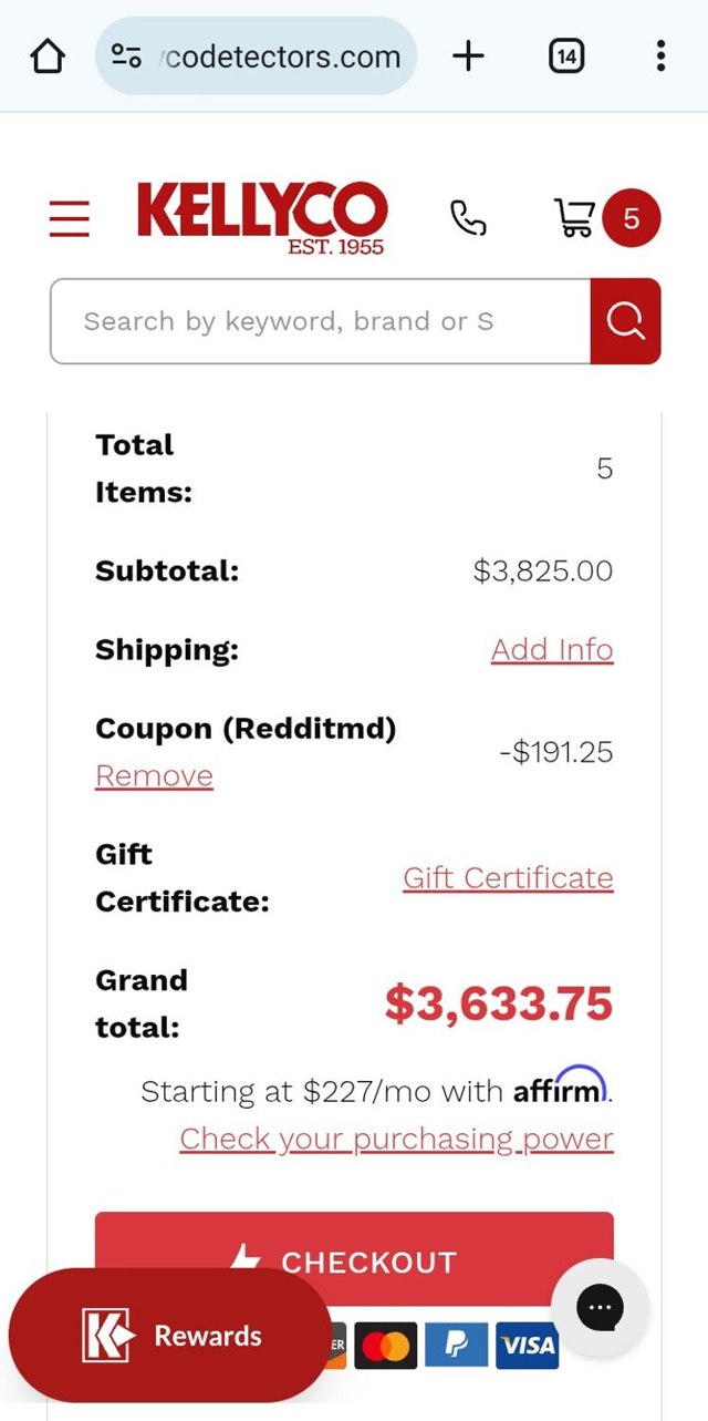 Kellyco Metal Detectors checkout page showing Kellyco Metal Detectors coupon code box | Screenshot taken by SimplyCodes community member on May 26, 2025