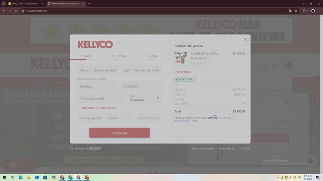 Kellyco Metal Detectors checkout page showing Kellyco Metal Detectors coupon code box | Screenshot taken by SimplyCodes community member on Apr 21, 2025