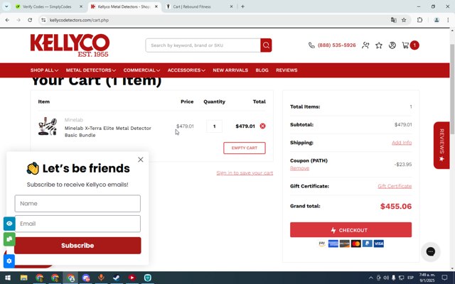 Kellyco Metal Detectors checkout page showing Kellyco Metal Detectors coupon code box | Screenshot taken by SimplyCodes community member on Jan 9, 2025