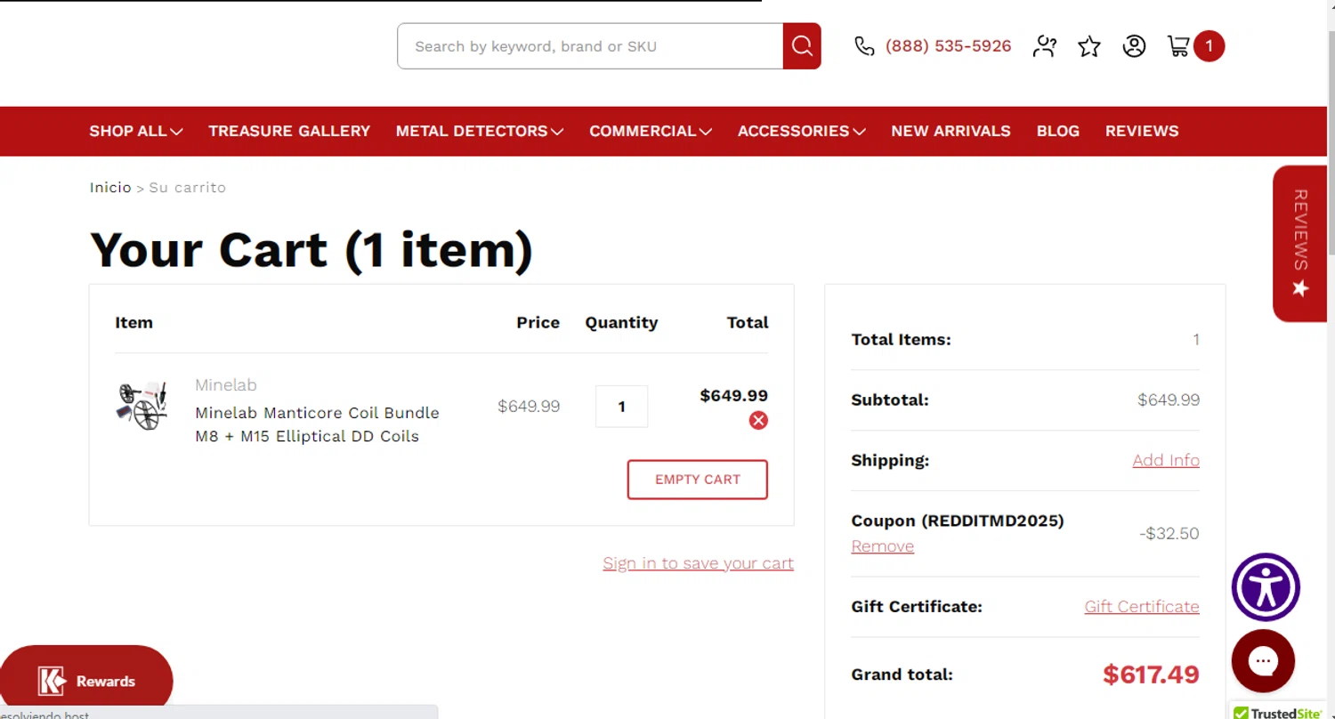 Kellyco Metal Detectors promo code screenshot showing code REDDITMD2025 applied at Kellyco Metal Detectors checkout page. Uploaded by SimplyCodes community member Josecaste on Mar 30, 2026
