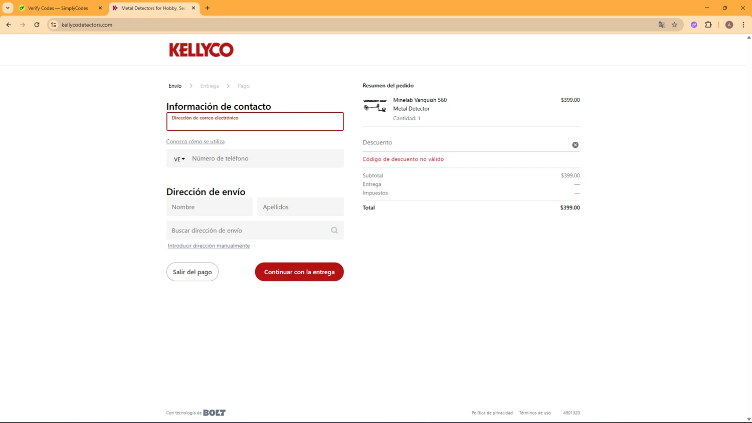 Kellyco Metal Detectors promo code screenshot showing code SPRINGSTULINE applied at Kellyco Metal Detectors checkout page. Uploaded by SimplyCodes community member CoinHunter8661 on Apr 4, 2026