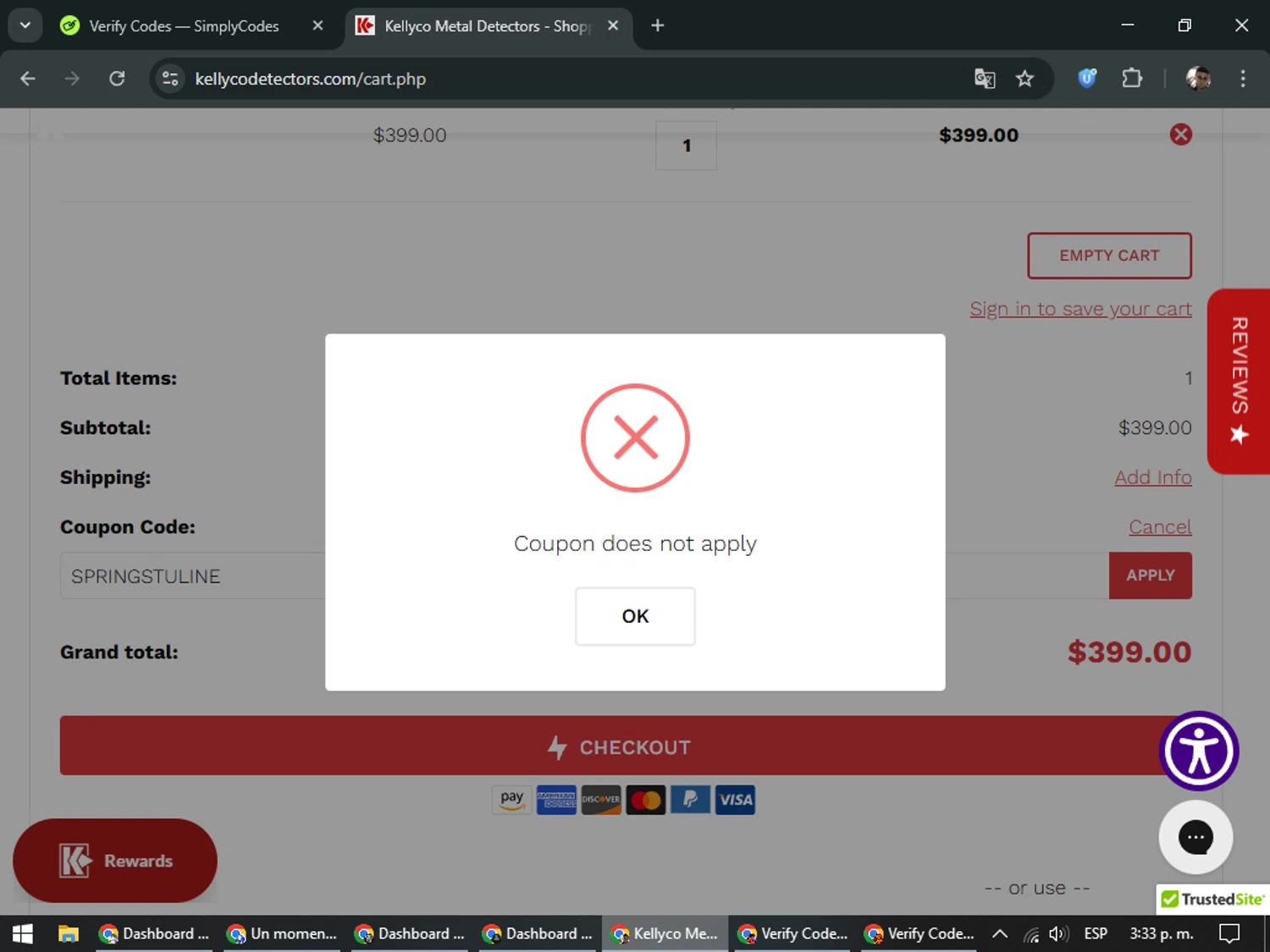 Kellyco Metal Detectors promo code screenshot showing code SPRINGSTULINE applied at Kellyco Metal Detectors checkout page. Uploaded by SimplyCodes community member DiscountSeeker682 on Apr 4, 2026