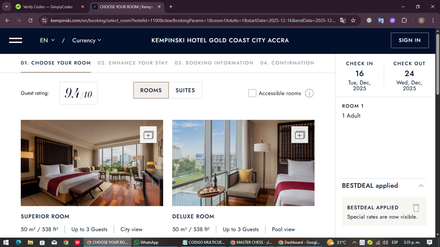 Kempinski Hotels and Resorts promo code screenshot showing code BESTDEAL applied at Kempinski Hotels and Resorts checkout page. Uploaded by SimplyCodes community member ExtraordinaryBoss3426 on Nov 15, 2025