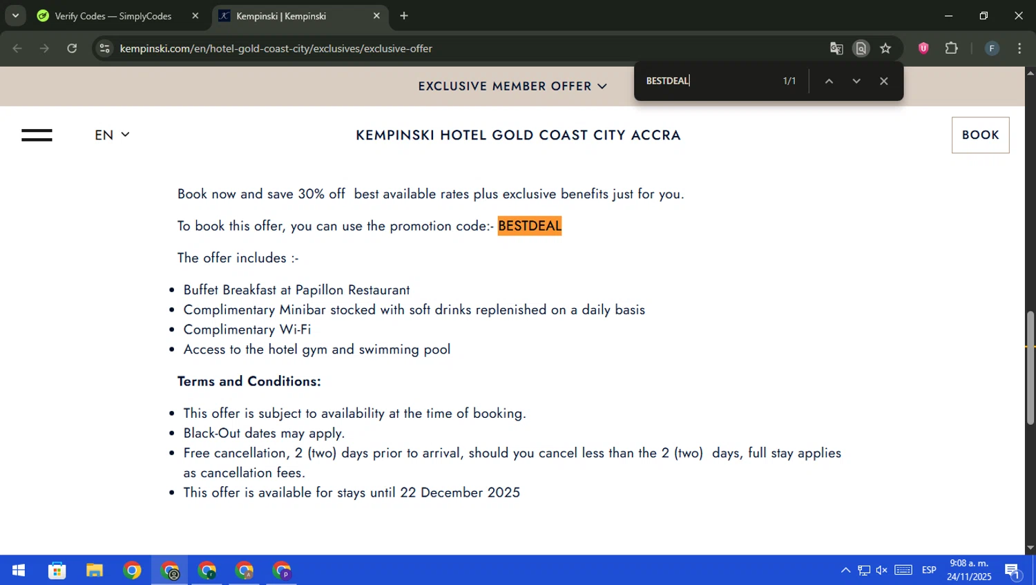 Kempinski Hotels and Resorts promo code screenshot showing code BESTDEAL applied at Kempinski Hotels and Resorts checkout page. Uploaded by SimplyCodes community member pajarito on Nov 24, 2025