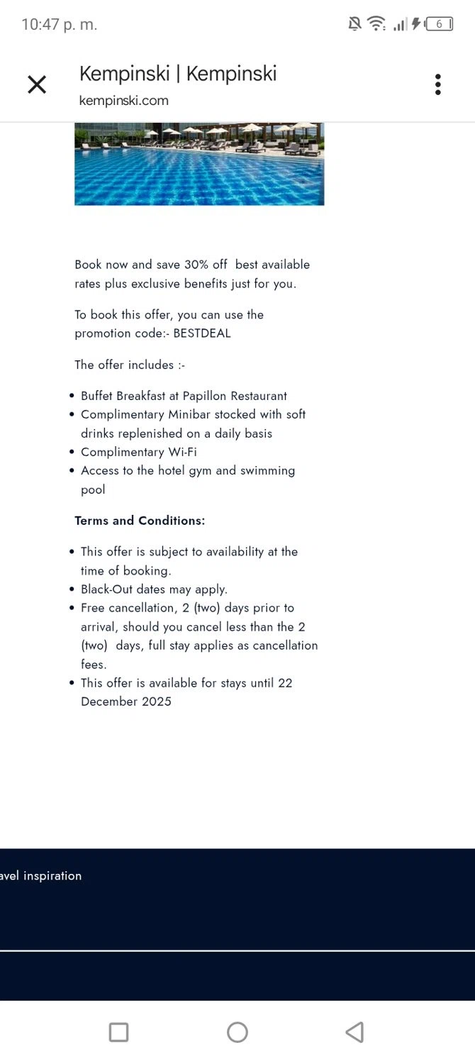 Kempinski Hotels and Resorts promo code screenshot showing code BESTDEAL applied at Kempinski Hotels and Resorts checkout page. Uploaded by SimplyCodes community member tumiedo on Nov 6, 2025