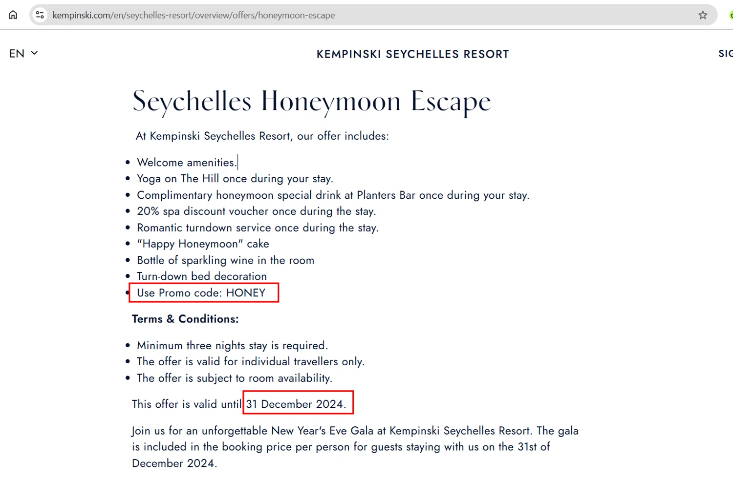 Kempinski Hotels and Resorts promo code screenshot showing code HONEY applied at Kempinski Hotels and Resorts checkout page. Uploaded by SimplyCodes community member berdetweet on Feb 1, 2025
