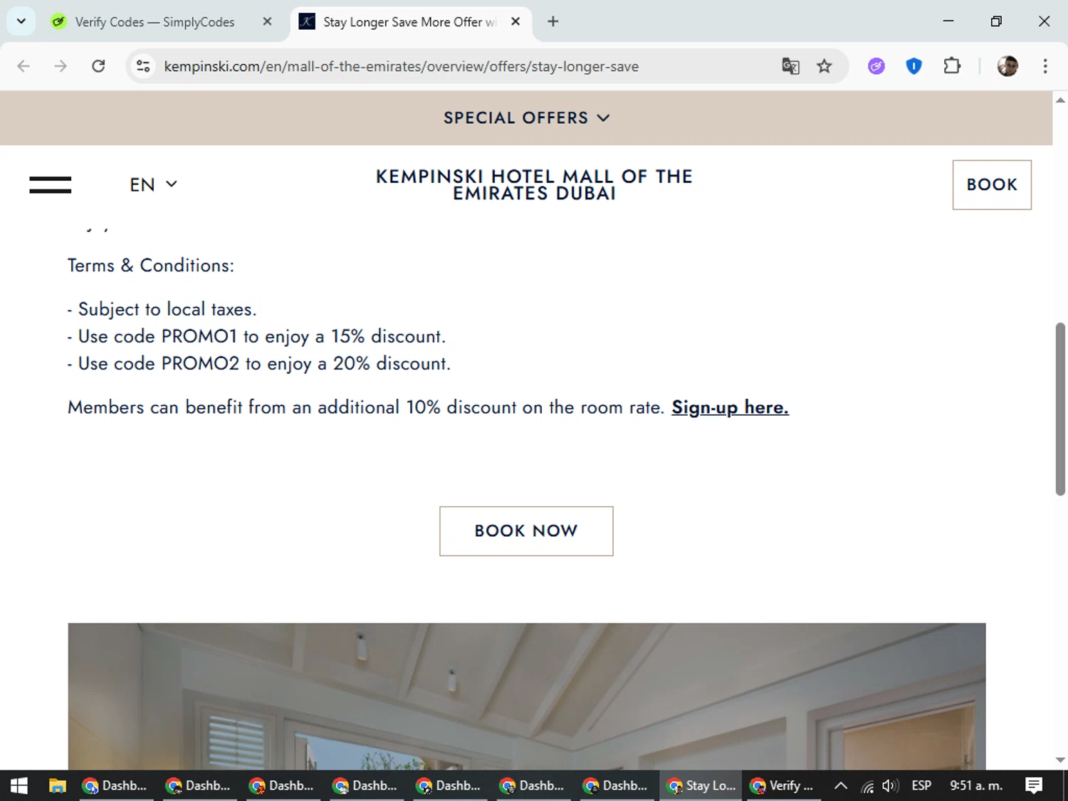 Kempinski Hotels and Resorts promo code screenshot showing code PROMO1 applied at Kempinski Hotels and Resorts checkout page. Uploaded by SimplyCodes community member DiscountSeeker682 on Aug 3, 2025