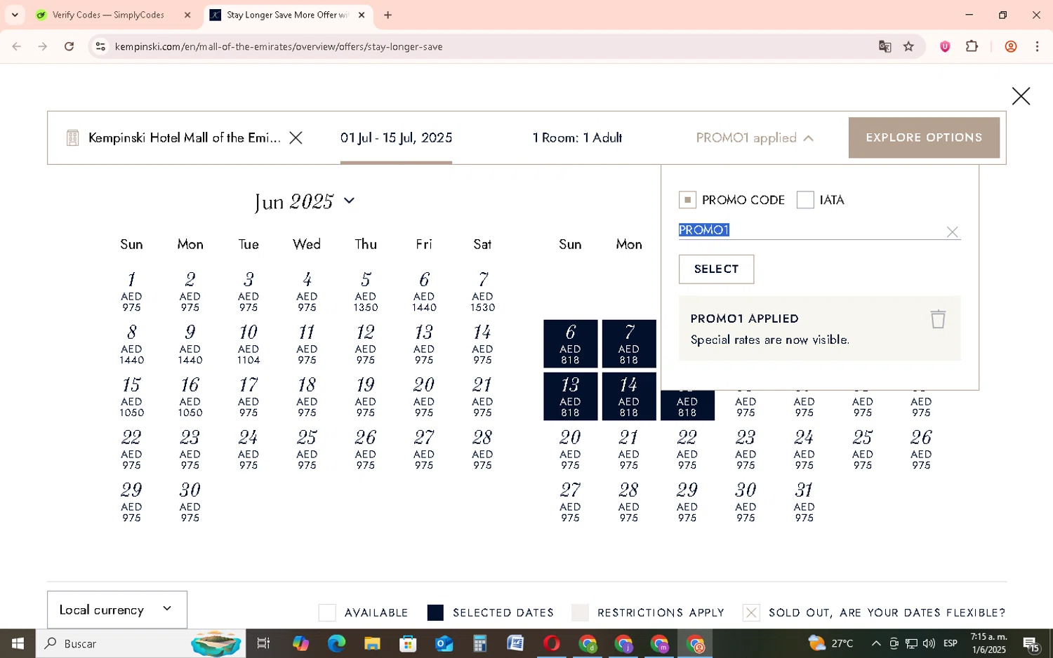 Kempinski Hotels and Resorts promo code screenshot showing code PROMO1 applied at Kempinski Hotels and Resorts checkout page. Uploaded by SimplyCodes community member EpicSage3474 on Jun 1, 2025