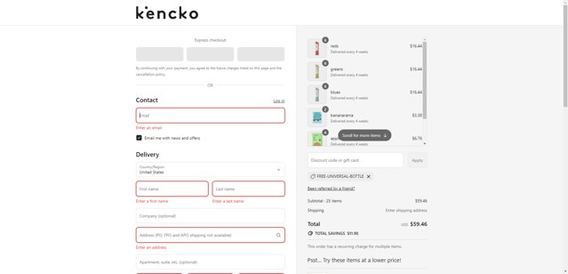 Kencko checkout page showing Kencko discount code box | Screenshot taken by SimplyCodes community member on Sep 2, 2025
