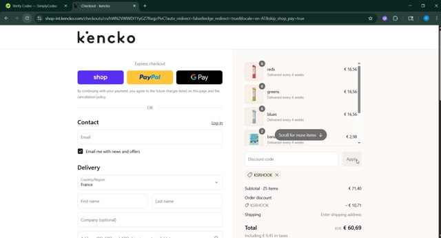 Kencko checkout page showing Kencko discount code box | Screenshot taken by SimplyCodes community member on Sep 2, 2025