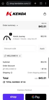 WELCOME15 coupon verification screenshot