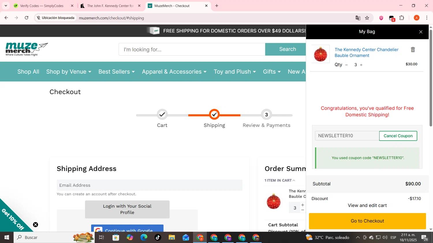 The Kennedy Center promo code screenshot showing code NEWSLETTER10 applied at The Kennedy Center checkout page. Uploaded by SimplyCodes community member FrugalSentinel6206 on Nov 18, 2025