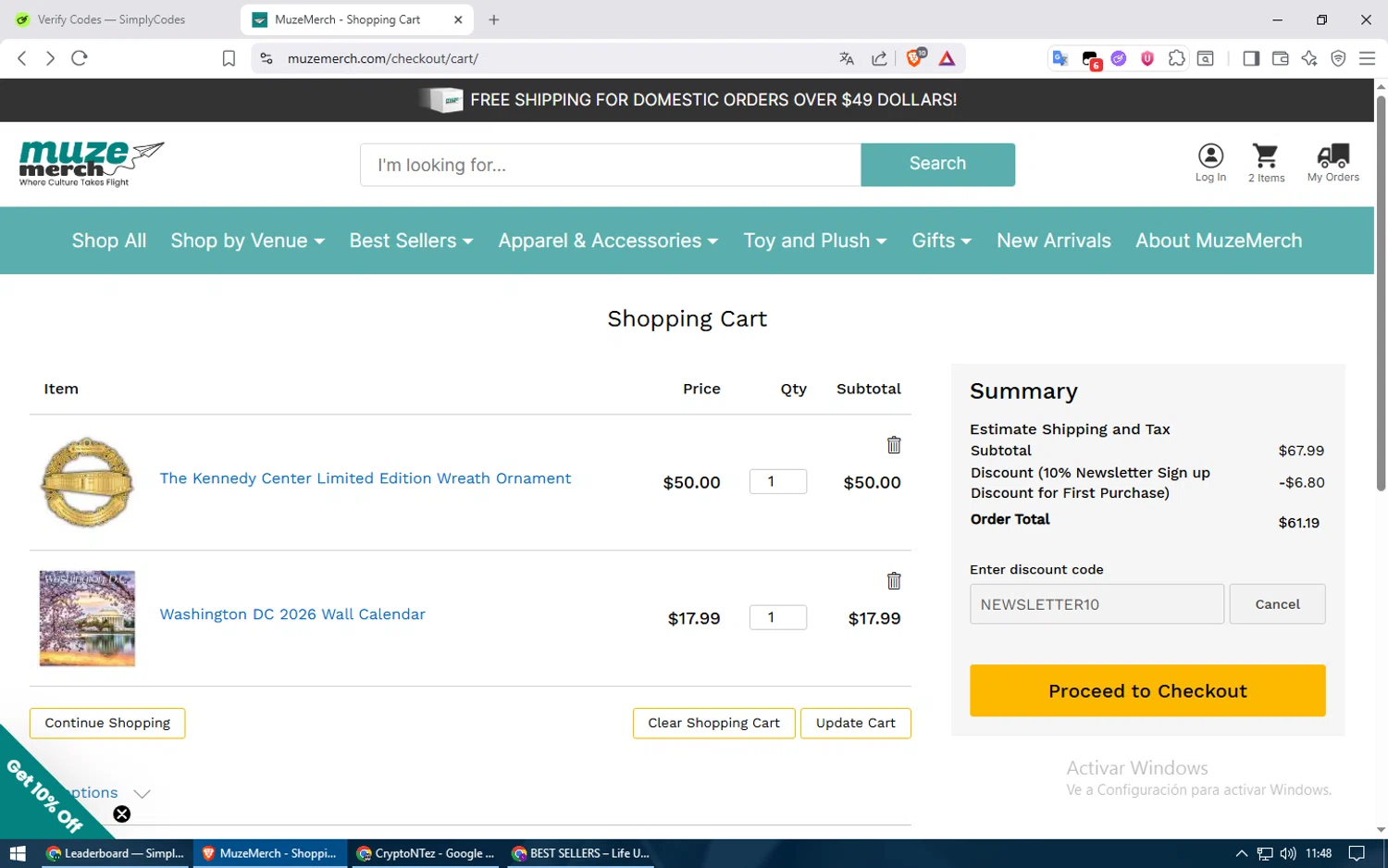 The Kennedy Center promo code screenshot showing code NEWSLETTER10 applied at The Kennedy Center checkout page. Uploaded by SimplyCodes community member usuario500 on Oct 31, 2025