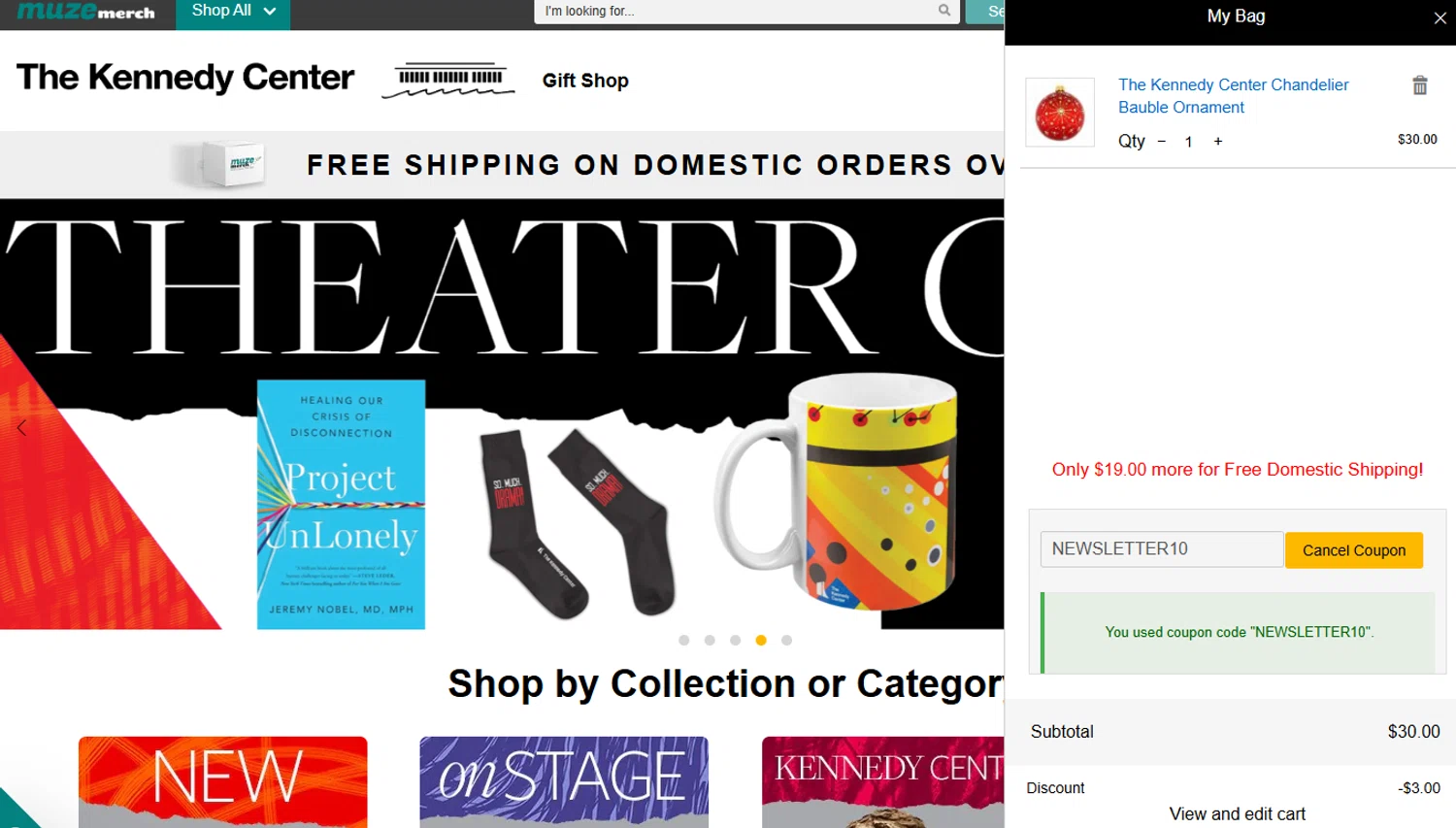 The Kennedy Center promo code screenshot showing code NEWSLETTER10 applied at The Kennedy Center checkout page. Uploaded by SimplyCodes community member xier22 on Oct 30, 2025