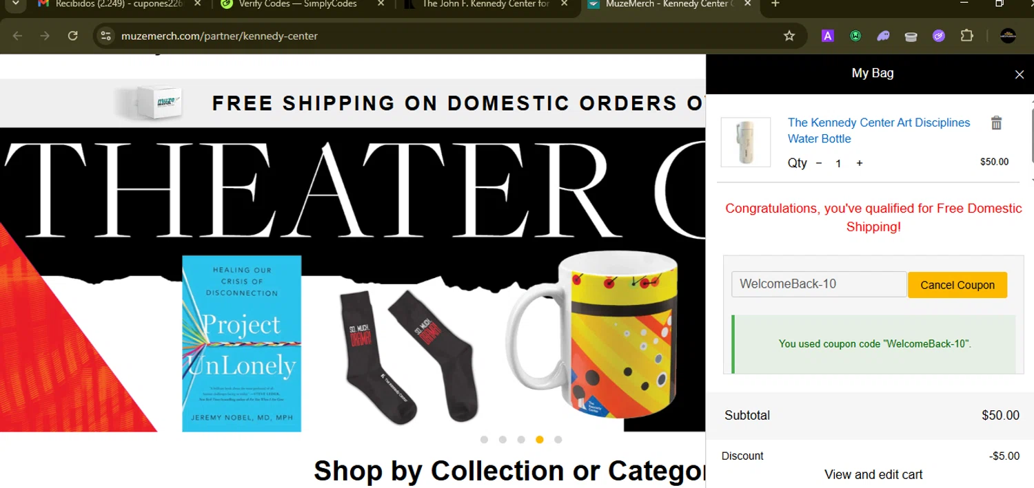 The Kennedy Center promo code screenshot showing code WelcomeBack-10 applied at The Kennedy Center checkout page. Uploaded by SimplyCodes community member SilverMonarch6357 on Sep 27, 2025