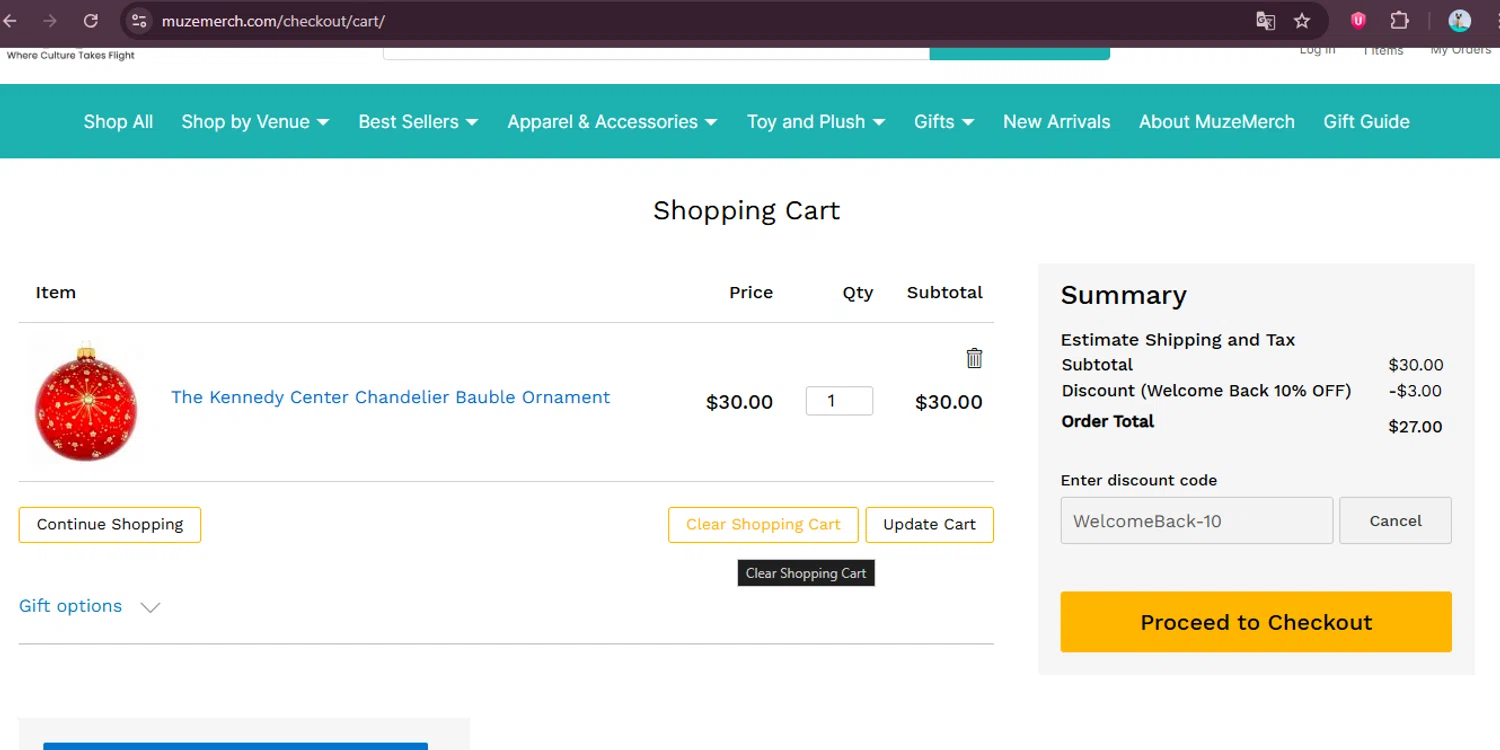 The Kennedy Center promo code screenshot showing code WelcomeBack-10 applied at The Kennedy Center checkout page. Uploaded by SimplyCodes community member elgatobravo on Nov 18, 2025