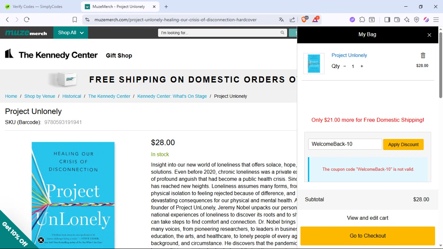 The Kennedy Center promo code screenshot showing code WelcomeBack-10 applied at The Kennedy Center checkout page. Uploaded by SimplyCodes community member jamesscott on Sep 27, 2025