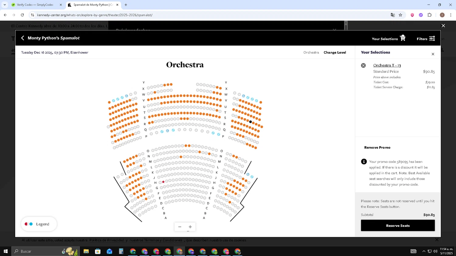 The Kennedy Center promo code screenshot showing code 589095 applied at The Kennedy Center checkout page. Uploaded by SimplyCodes community member pequenokalvin5 on Nov 5, 2025