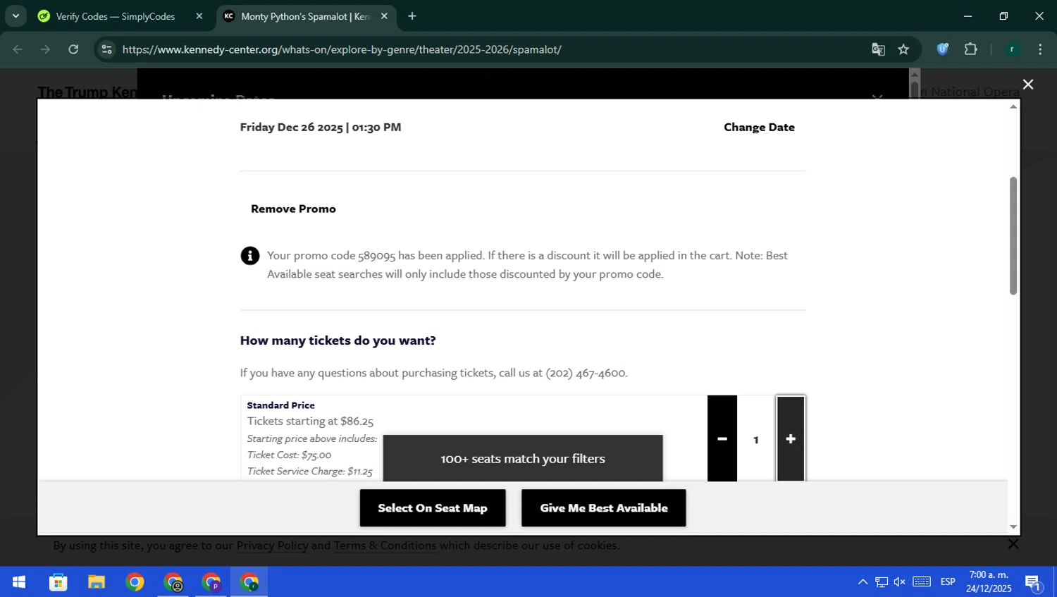 The Kennedy Center promo code screenshot showing code 589095 applied at The Kennedy Center checkout page. Uploaded by SimplyCodes community member rodri1 on Dec 24, 2025