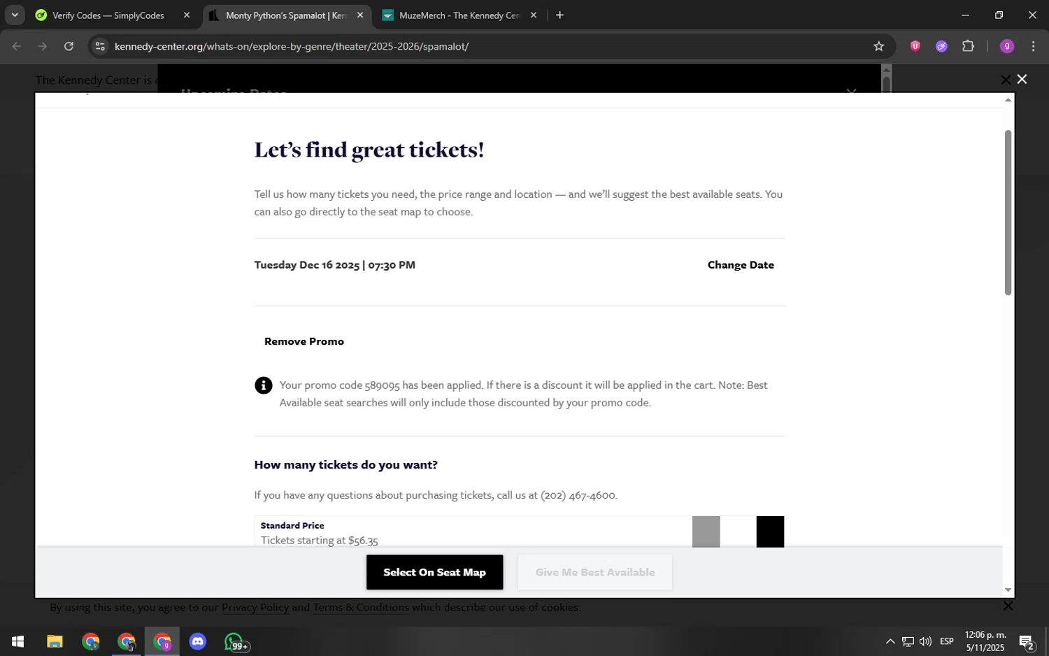 The Kennedy Center promo code screenshot showing code 589095 applied at The Kennedy Center checkout page. Uploaded by SimplyCodes community member youngchecker on Nov 5, 2025