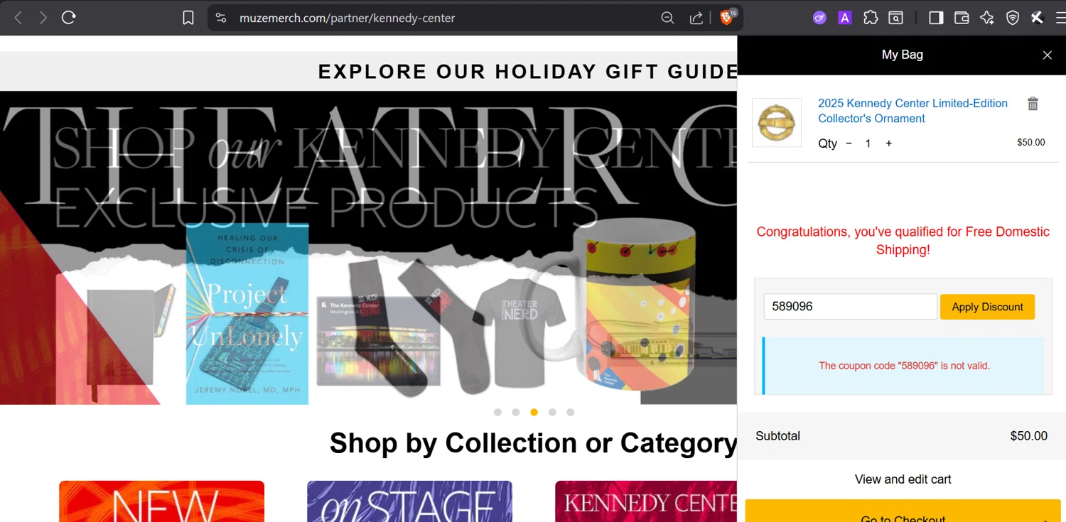 The Kennedy Center promo code screenshot showing code 589096 applied at The Kennedy Center checkout page. Uploaded by SimplyCodes community member GloriousTitan3094 on Dec 24, 2025