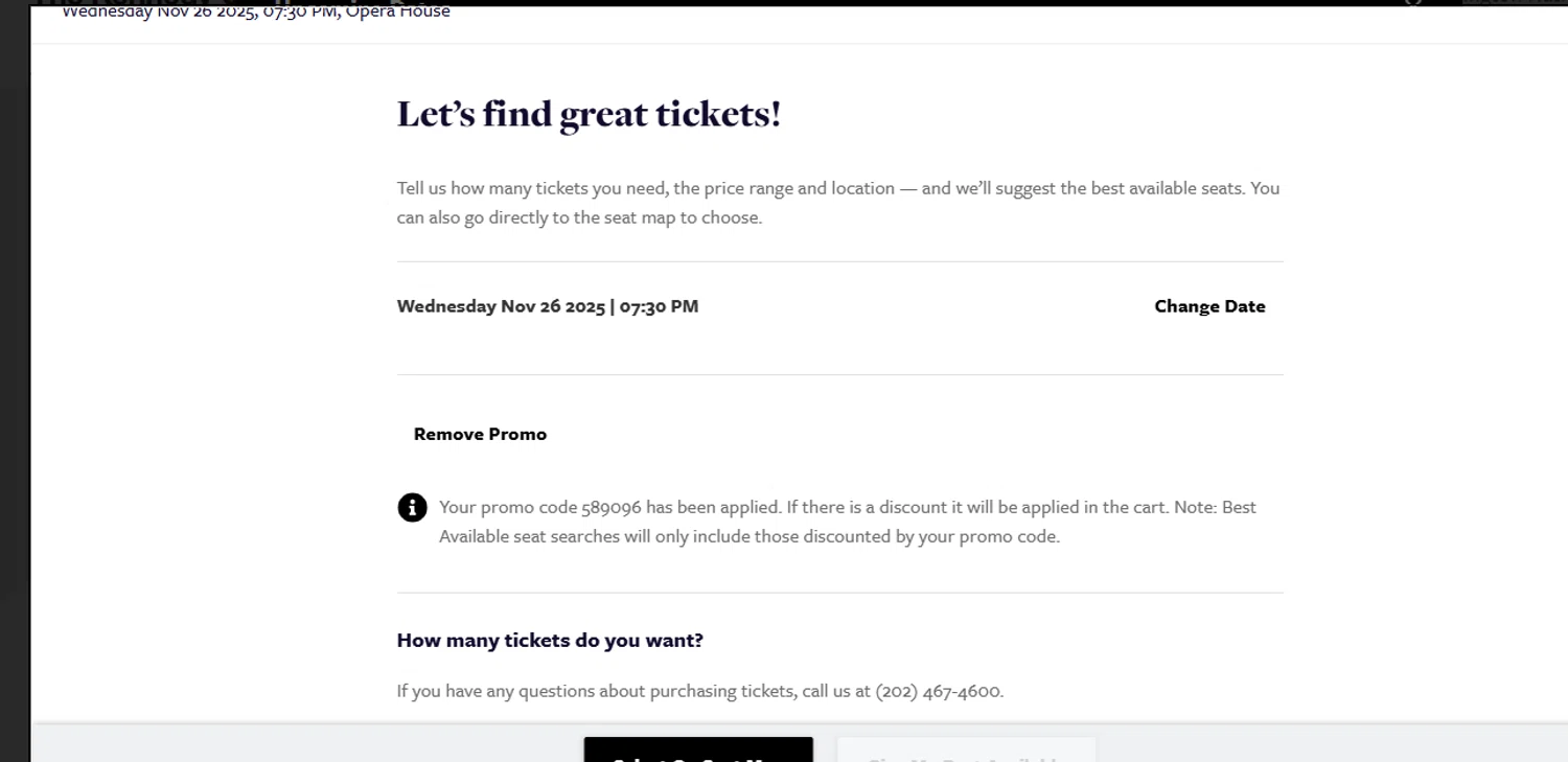 The Kennedy Center promo code screenshot showing code 589096 applied at The Kennedy Center checkout page. Uploaded by SimplyCodes community member Loki_Odinson on Nov 25, 2025