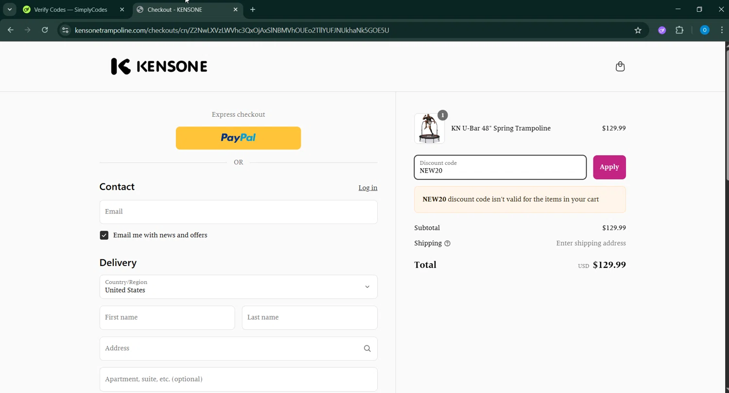 Kensone promo code screenshot showing code NEW20 applied at Kensone checkout page. Uploaded by SimplyCodes community member _____________ on Apr 20, 2025