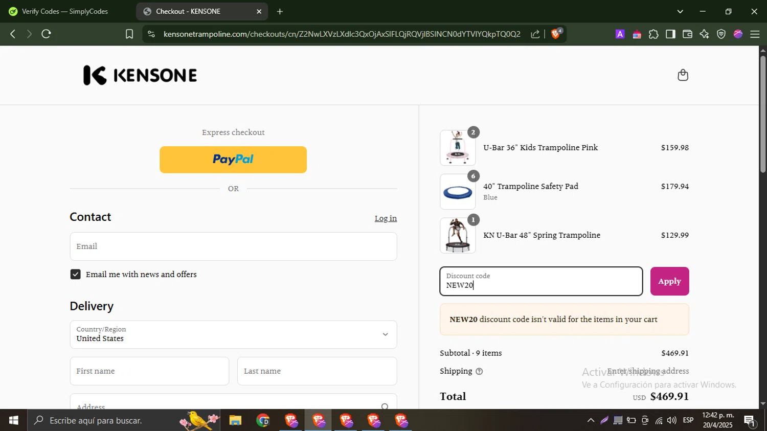 Kensone promo code screenshot showing code NEW20 applied at Kensone checkout page. Uploaded by SimplyCodes community member WonderHawk4190 on Apr 20, 2025