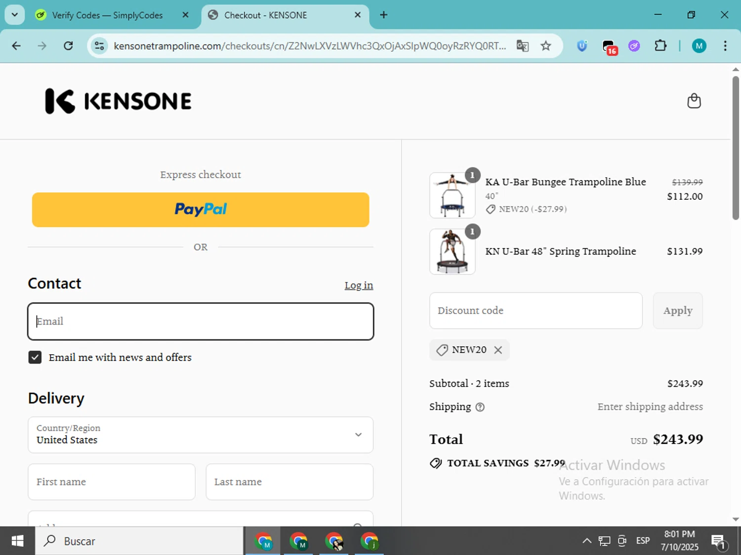 Kensone promo code screenshot showing code NEW20 applied at Kensone checkout page. Uploaded by SimplyCodes community member estrellaveloz on Jul 11, 2025