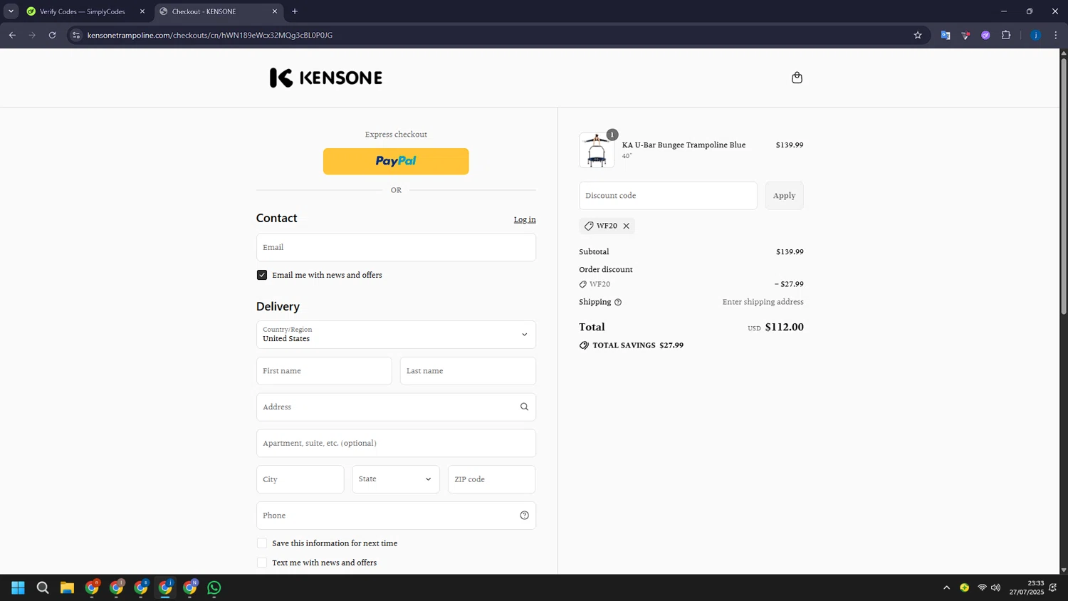 Kensone promo code screenshot showing code WF20 applied at Kensone checkout page. Uploaded by SimplyCodes community member CashLegend3767 on Jul 28, 2025