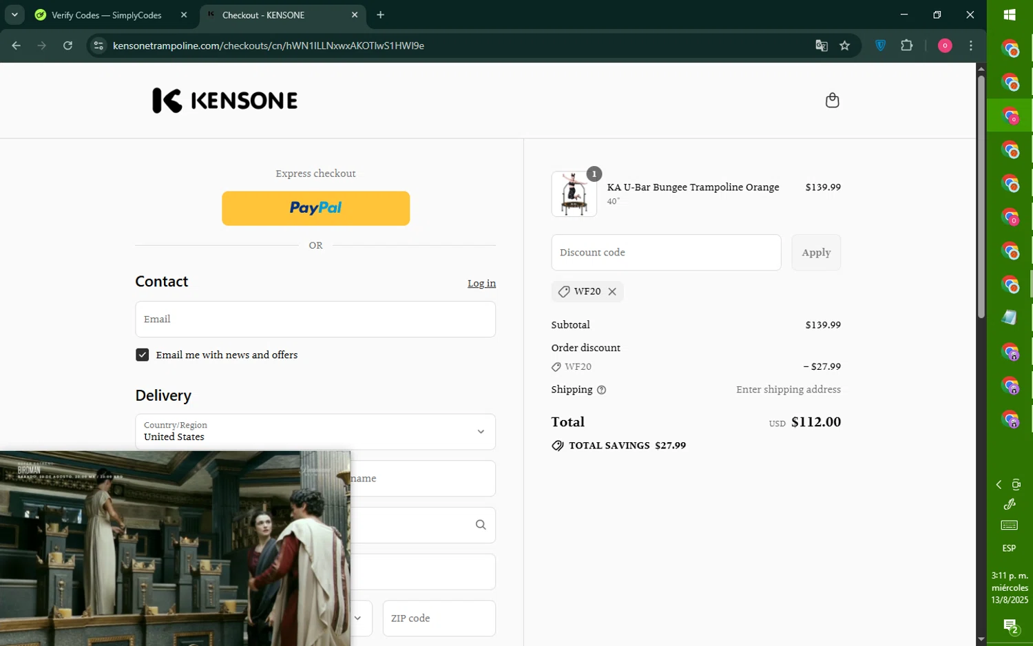 Kensone promo code screenshot showing code WF20 applied at Kensone checkout page. Uploaded by SimplyCodes community member RebateNavigator926 on Aug 13, 2025