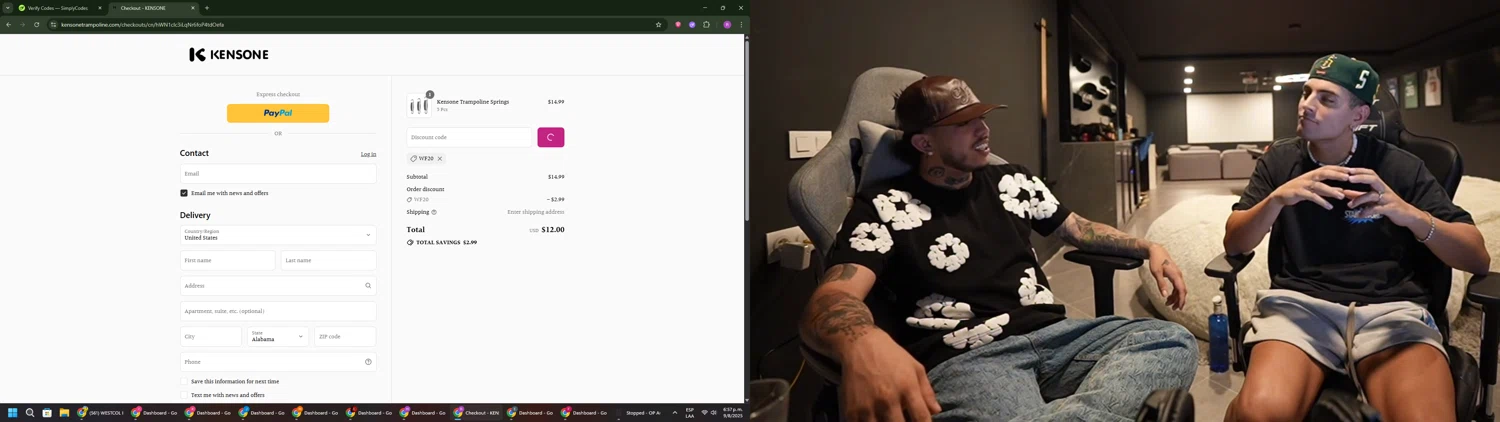 Kensone promo code screenshot showing code WF20 applied at Kensone checkout page. Uploaded by SimplyCodes community member RoyalSentinel4577 on Aug 9, 2025