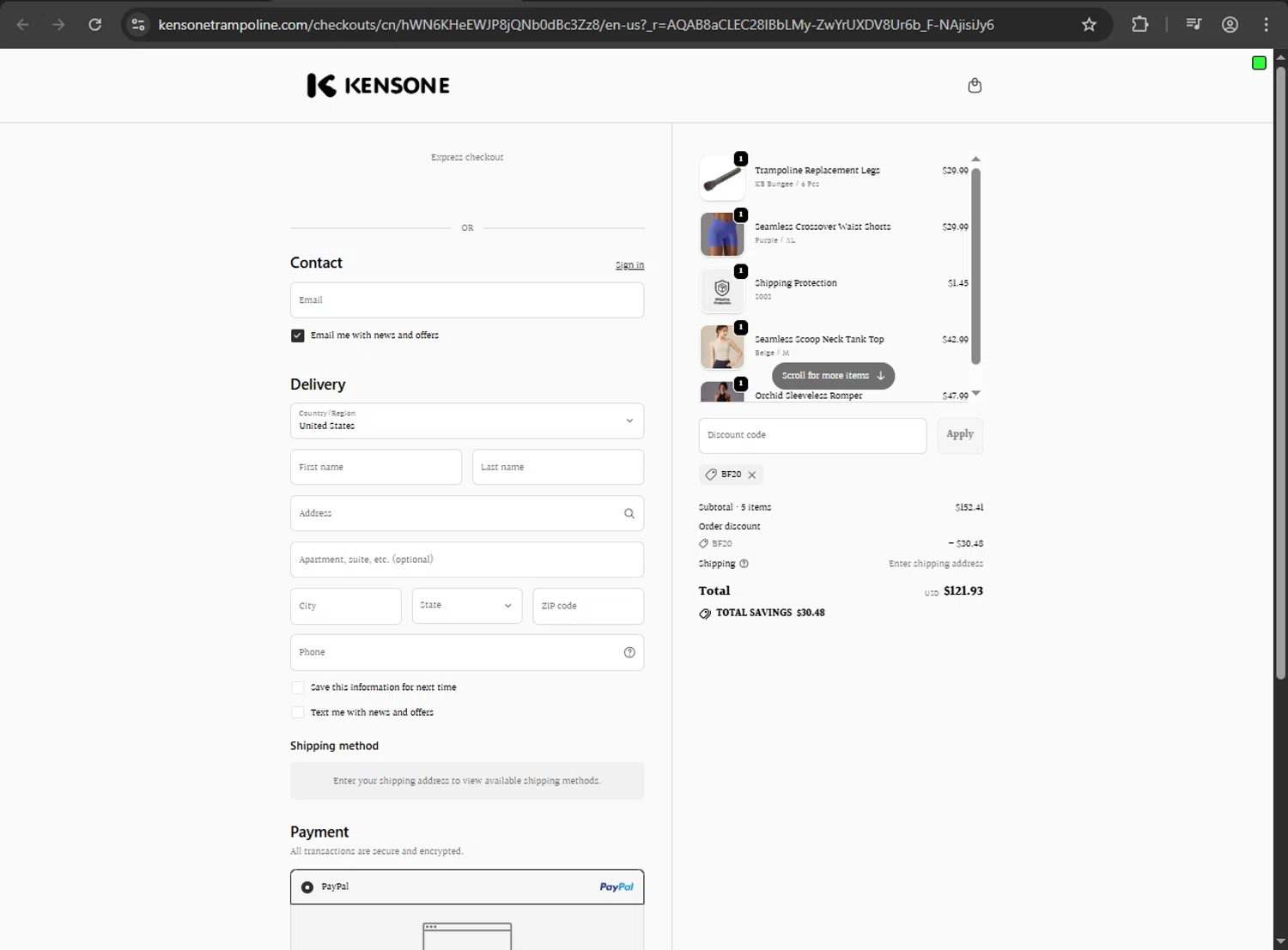 Kensone promo code screenshot showing code BF20 applied at Kensone checkout page. Uploaded by SimplyCodes community member Scrooge on Dec 12, 2025