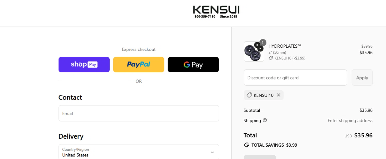 Kensui Fitness discount code screenshot showing code KENSUI10 applied at Kensui Fitness checkout page. Uploaded by SimplyCodes community member goldhooh on Jul 12, 2025